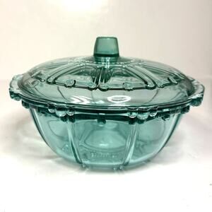 Vntg KIG Indonesia Turquoise Blue Glass Candy Dish Lid Oyster Pearl Cottagecore
